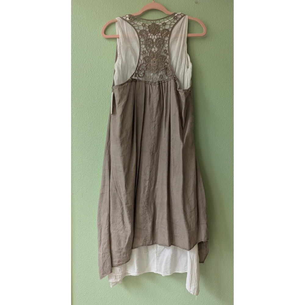 NWT 100% Linen Layered Boho Lagenlook Dress Crochet Back Tan Beige Made in Italy - Picture 2 of 12